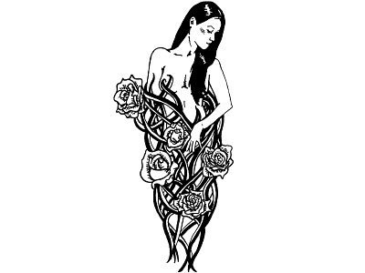 Five of Wands black and white digital illustration feminine flower illustration linework nude rose tarot tattoo