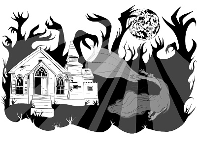 The Lady in White black and white cover art digital illustration forest ghost graphic art haunted horror house illustration moon spooky