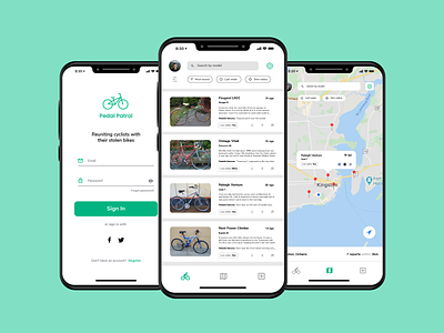 Bike Theft App Redesign android app app design bicycle bike cycling fitness green illustrator ios iphone list map mobile mobile app mockup product design sports ui ux