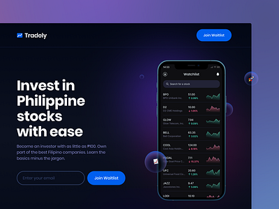 Tradely Landing Page app branding finance fintech landing page no code startups stocks trade trading ui ui design ux ux design visual design web design webflow website design