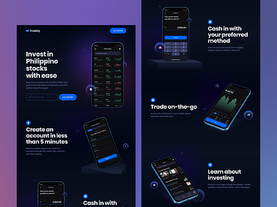 Tradely Landing Page Design app branding finance fintech landing page mobile startups ui ux visual design web