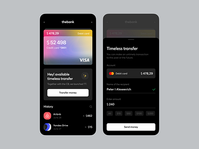The Bank Timeless Transfer app bank cards dark elements finance gird interface mobile money transfer ui ux