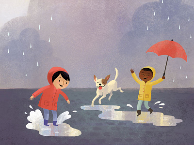 Splashing in Puddles children childrens book cute illustration rain raincoat splashing