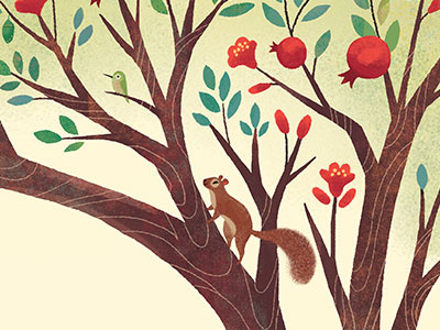 Pomegranate tree birds decorative design floral hummingbird illustration ketubah pomegranate squirrel tree