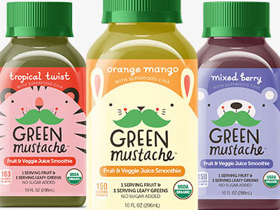 Logo and Packaging concept cute green handlettering logo mustache package design packaging smoothie