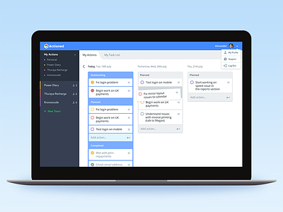 Actioned - Task Manager. My Actions Screen blue checklist design desktop laptop logo retina ui ux web