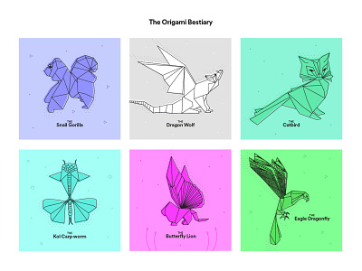The origami bestiary animal bestiary bird butterfly cat colors dragon dragonfly eagle gorilla graphic hybrid illustration insect koï carp lion origami snail wolf worm