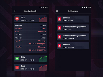 Trading App Running Signals & Notifications Page