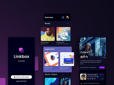Linkbox Mobile App Concept blue box cards cards design clips darkmode kanye linkbox novset purple purple gradient purple logo