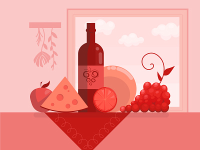 Wine sunset apple cheese food illustration monochrome orange red sunset wine