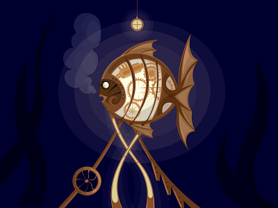 Steampunk fish details fish gold grear light steam steampunk