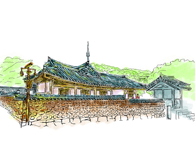 Namsangol Hanok Village architecture drawing illustration namsangol sketch village watercolour