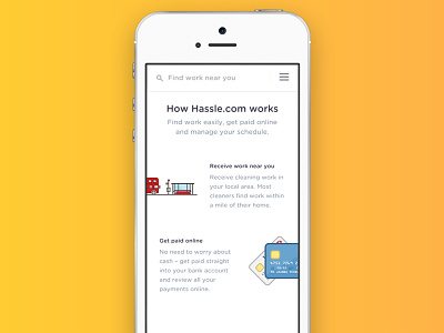 How Hassle.com works burger menu find work how it works landing page mobile first sticky header ui ux