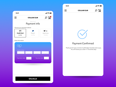 Colllab Club mobile payment funnel #3 checkout credit card daily ecommerce figma flat mobile payment ui ux validation vector