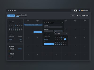 🌴 Holiday App - New Holiday Request Calendar app calendar dark dark mode dashboard date design employee enterprise holiday month request ui ux web