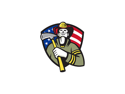 American Fireman Firefighter Ax Front american emergency worker fire ax fire fighter firefighter fireman holding retro shield stars and stripes