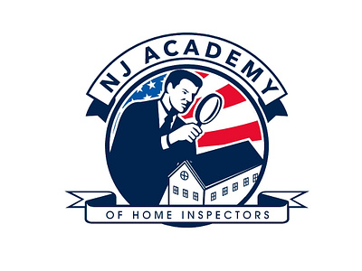 NJ Academy of Home Inspectors Logo proposal american american flag artwork home inspector illustration magnifying glass retro school inspector school logo worker