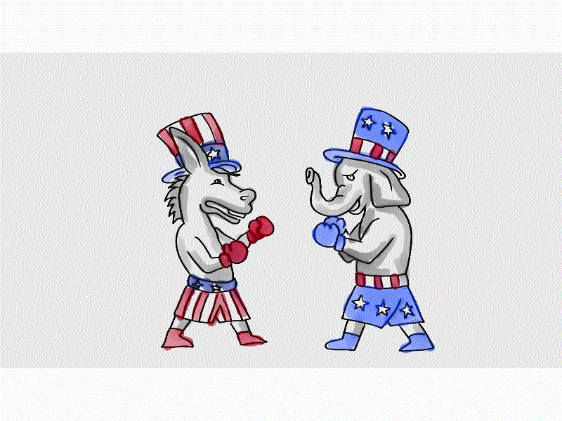 American Democratic donkey and Republican Elephant 2d animation american animation boxing democratic democratic donkey donkey election elephant fighting grand old party hat mascot political politics republican republican elephant stars and stripes united states usa