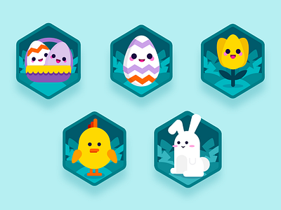 Badges Easterfest badge bunny character chicken easter egg flower illustration vector