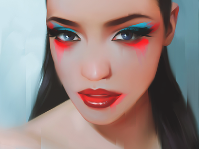 Pink and blue art beauty digital fashion girl illustration makeup model painting portrait