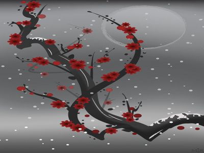 Winter 2d japanese nature tree ukiyo e vector winter
