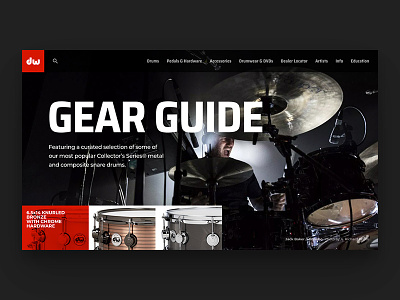 DW Gear Guide // Practice Shot 002 dailyui dark design drums gear guide landing page minimal simple typography ui web