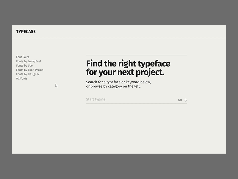 Typecase Prototype categories design desktop fonts list menu minimal minimalist monochrome navigation prototype resource search simple type typography ui ux xd
