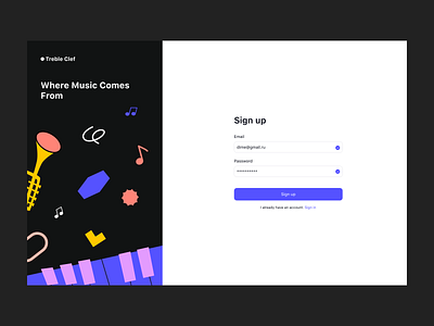 Sign up page account creation create user email form input login music register registration sign in sign up sign up form sign up page sign up screen split screen start text field ui welcome