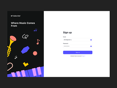Sign up page account creation create user email form input login music register registration sign in sign up sign up form sign up page sign up screen split screen start text field ui welcome