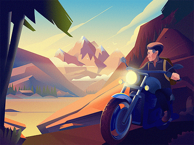 Man on the motorcycle art blue illustration journey man motion motorbike mountain nature outdoor purple red sunset