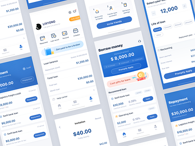 Loan app project blue card clean contracted design figure financial flat icon illustration interface design loan logo money number repayment share ui ux xiyong li