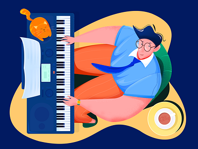 Concert performer -1 blue boy carpet cat coffee evening glasses illustration keyboard look down man music music score night piano sing sitting smile ui web