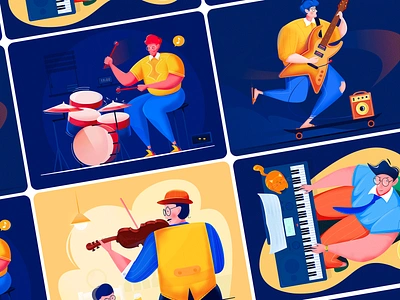 Concert performer blue boy design dynamic easily evening guitar illustration man music night piano rock sing skateboard slippers smile stereo violin web