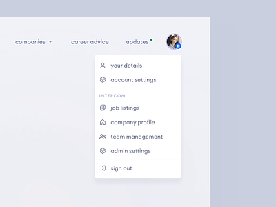 himalayas.app — account dropdown concept 🏔 account animation clean clean ui dropdown icons job board job listing jobs jobsite minimal minimalism modern nav nav dropdown navigation simple ui components web design