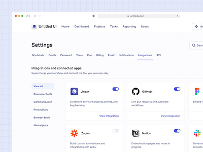 Integrations settings page — Untitled UI