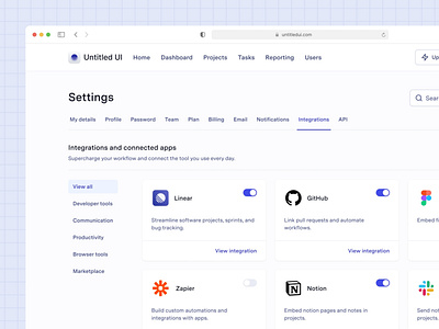 Integrations settings page — Untitled UI api settings dashboard design system figma integrations minimal preferences settings settings page ui kit web app