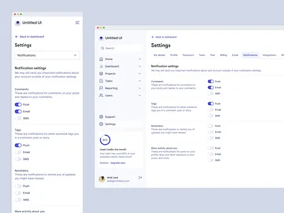 Notifications settings page — Untitled UI dashboard design system figma minimal minimalism notifications preferences settings settings page side bar sidebar sidenav simple toggles ui kit web app