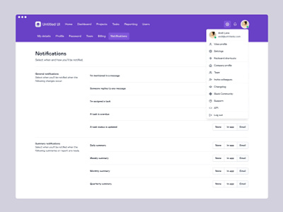 Notifications settings page — Untitled UI admin dashboard design system figma form minimal minimalism notifications preferences settings settings page tabs toggle ui kit web app