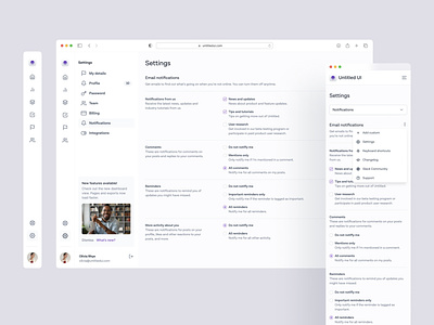 Notification settings page — Untitled UI checkboxes clean ui dashboard design system figma form form layout minimal minimalism notification settings preferences radio buttons settings simple ui kit figma