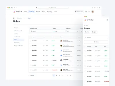 Orders and invoices dashboard — Untitled UI breadcrumbs clean ui dashboard figma filters invoices menu minimal minimalism nav nav menu navigation orders saas sidenav table tables tabs