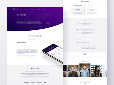 About us page for Spaceship about us about us page app website brand identity cards clean ui finance fintech investing landing page minimal minimalism mission simple team team bio timeline toggle web design