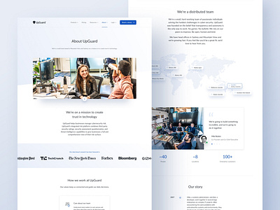 About us page for UpGuard about us brand identity careers company cyber security cybersecurity figma light logos map minimal mission saas simple team page timeline web design webflow