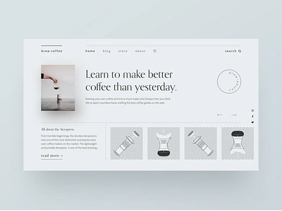 Brand experiments — part 17 aeropress blog blog design blog post blue brand identity chemex clean ui coffee css grid figma illustration landing page minimal minimalism minimalist type typography web design webflow