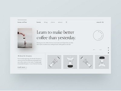 Brand experiments — part 17 aeropress blog blog design blog post blue brand identity chemex clean ui coffee css grid figma illustration landing page minimal minimalism minimalist type typography web design webflow