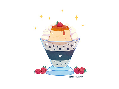 Flan Pudding With Strawberries & Cream dessert food fruit illustration illustrator pudding strawberry vector