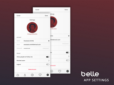 Daily UI #007 account app beauty belle change dailyui design duotone mobile profile settings