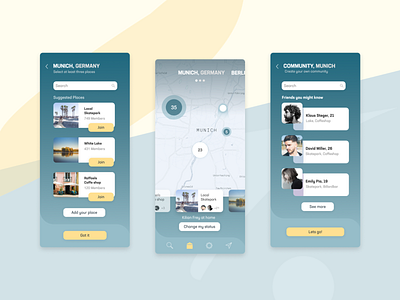 UI Design- Connect in a new way app blue and yellow design city guide concept connect explore finder friends iphone location app map meet mobile networks places social society spots together uidesign
