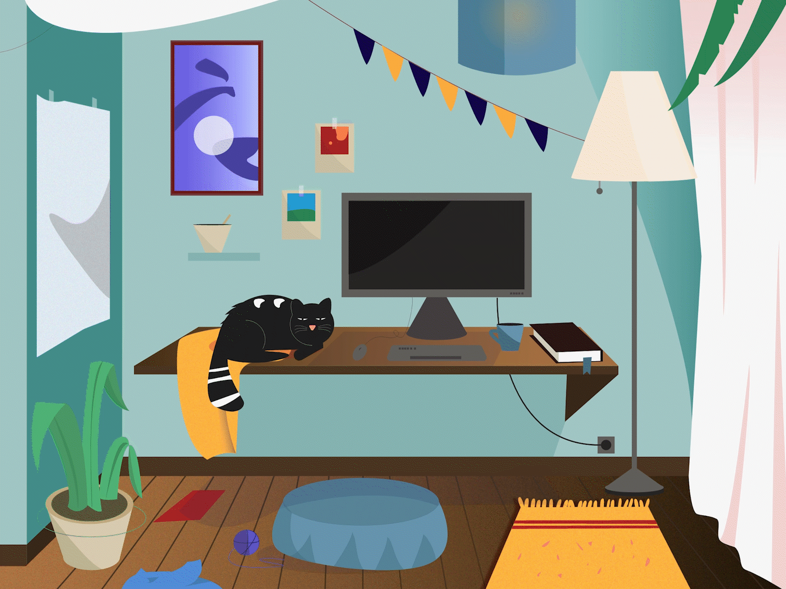 Illustration - @Home adobexd animal animation app cat colors computer design home illustration illustration design inside motion plants room shadow stayathome vector