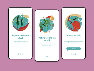 01- App for artist app art artist blue colourfull different earth explanation freedom head illustraion illustrator intro iphone leaf pink plant screens uidesign world