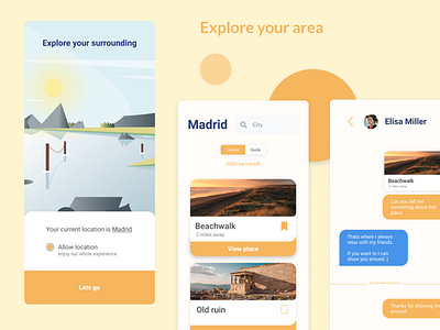 UI Design- Explore your area appdesign explore figma find friends guide ideas illustration iphone mobile networks orange sightseeing social summer sunny day tool travel ui